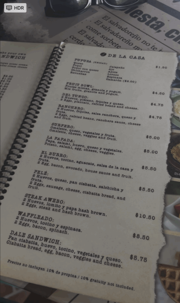 menu from El Salvador